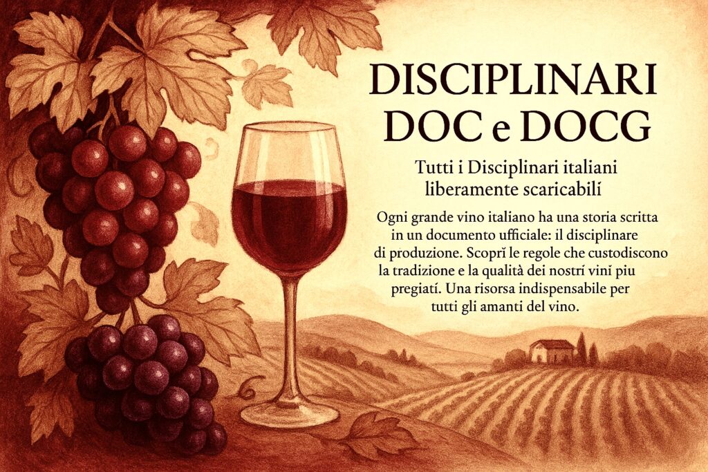 Illustrazione artistica sui disciplinari DOC e DOCG italiani con grappoli d'uva rossi, calice di vino e paesaggio vinicolo in tonalità calde