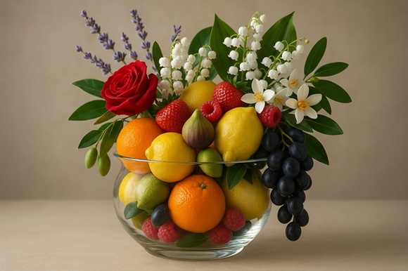 Composizione artistica di frutta fresca e fiori in vaso di vetro - rappresentazione sensoriale degli aromi fruttati e floreali che si contrappongono alla mineralità nel vino