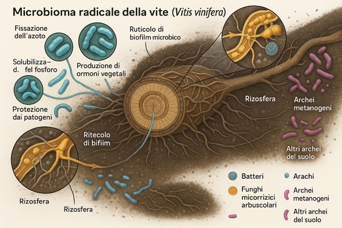 Microbioma radicale della vite Vitis vinifera: schema educativo che mostra batteri simbiotici per fissazione azoto e solubilizzazione fosforo, funghi micorrizici arbuscolari con ife e arbuscoli, archei metanogeni nella rizosfera, biofilm microbico e scambio nutrienti tra microrganismi e radici della vite