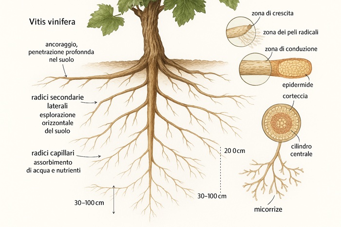 Schema anatomico dell'apparato radicale della Vitis vinifera con dettaglio delle micorrize e struttura delle radici - illustrazione scientifica del sistema di assorbimento minerali nel terroir viticolo