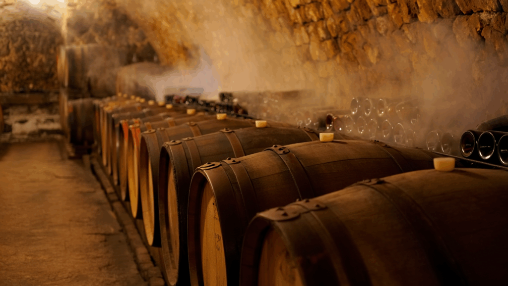 Una cantina con botti di rovere in affinamento, dove si sviluppano i profumi del vino terziari