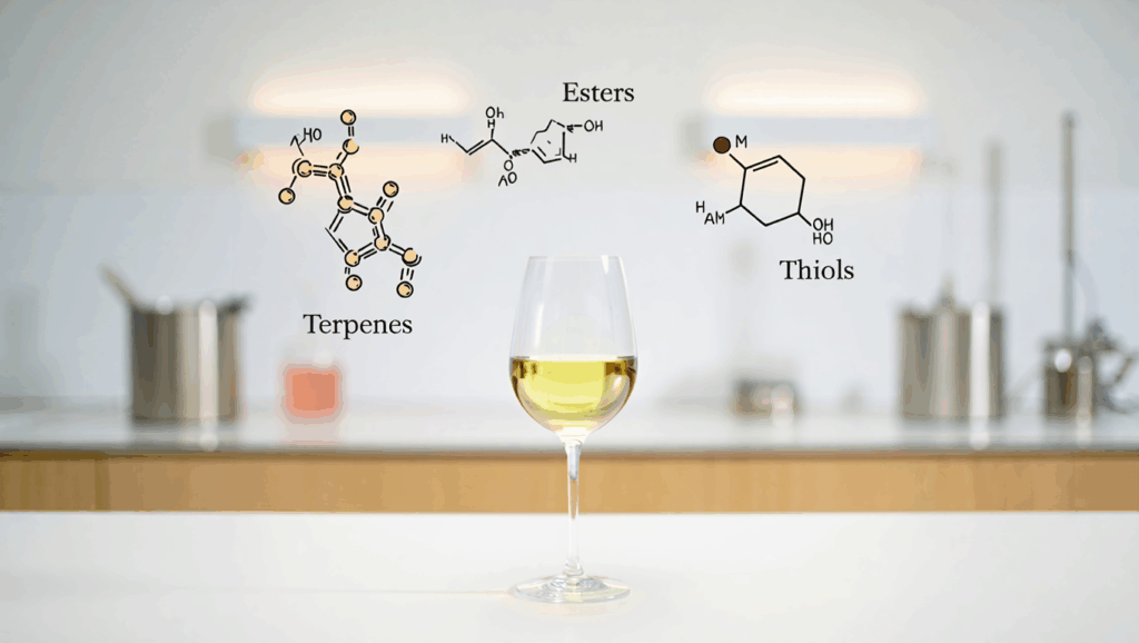Un calice di vino bianco con le molecole chimiche di terpeni, esteri e tioli che illustrano la scienza dietro i profumi del vino.