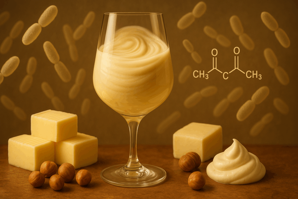 Un calice contenente della crema con la molecola del diacetile, che spiega i profumi del vino burrosi derivati dalla fermentazione malolattica.