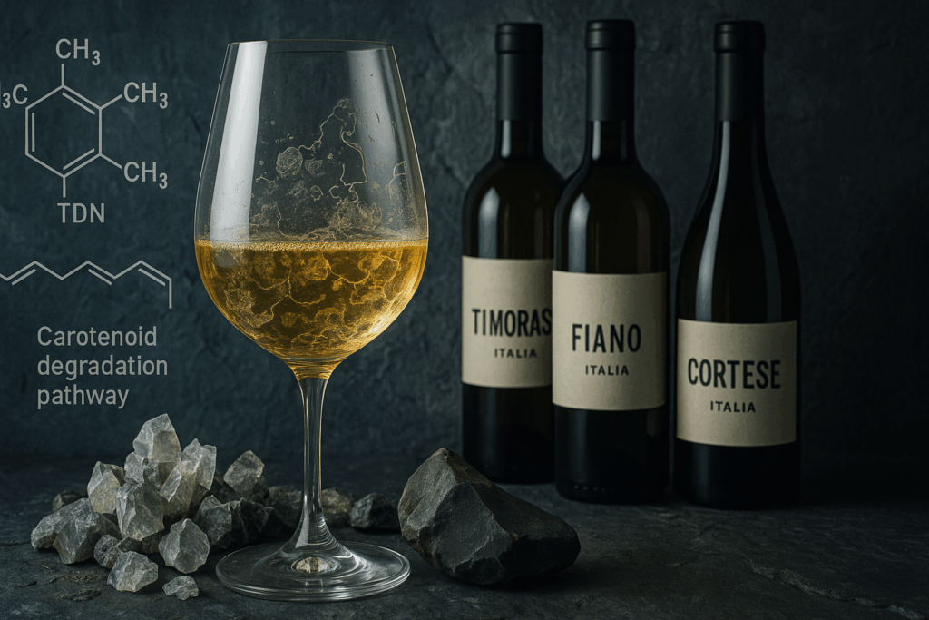 Tre bottiglie di vino bianco italiano - Timorasso, Fiano di Avellino e Cortese di Gavi - esempi di come i profumi del vino variano con il vitigno.