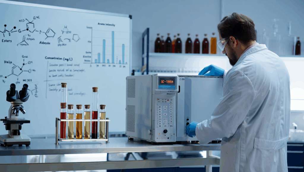 Uno scienziato in laboratorio indaga i profumi del vino con un gascromatografo, studiando le molecole aromatiche.
