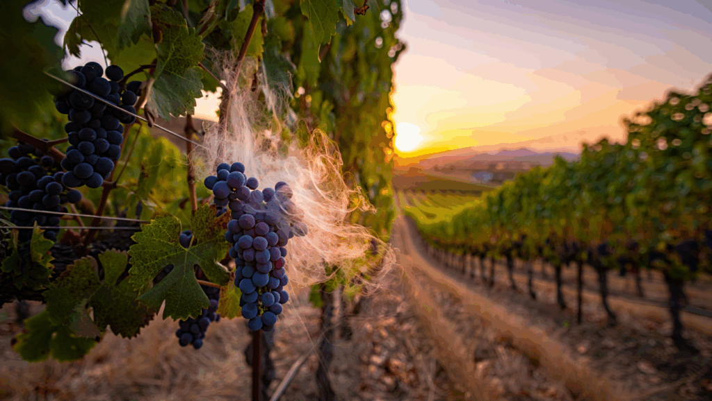 Un vigneto al tramonto con grappoli d'uva matura, l'origine dei profumi del vino primari