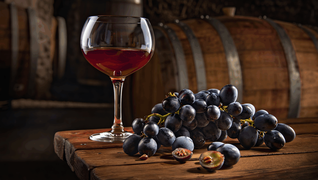 Grappoli di uva nera con vinaccioli perfettamente lignificati