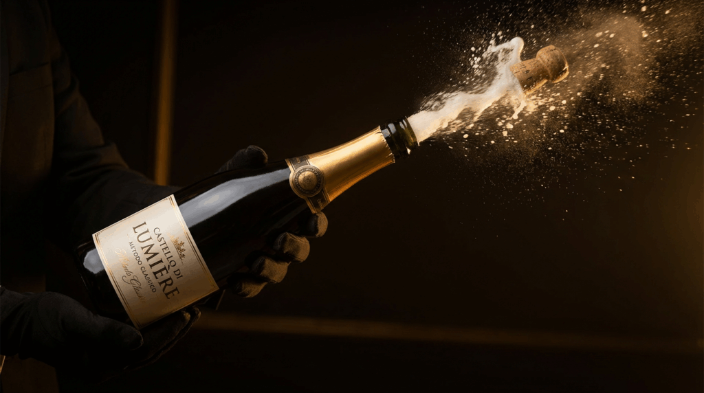 Bottiglia di Gavi DOCG Metodo Classico con il tappo che salta via