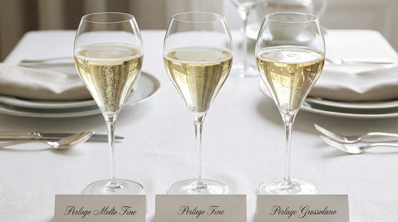 Il perlage di tre spumanti con bolle di differenti dimensioni