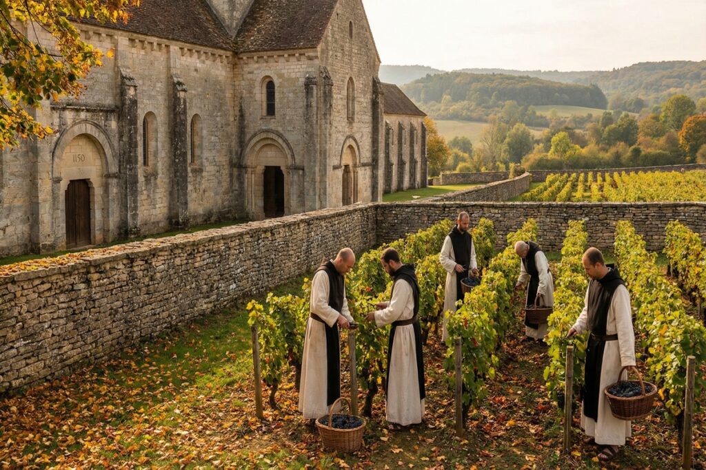 Vino e Medioevo: ricostruzione di un monastero cistercense con i prospicenti vigneti