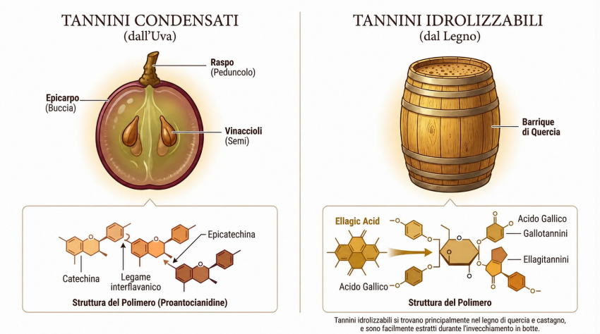 I tannini nel vino: la distinzione tra tannini condensati (dall'uva) e tannini idrolizzabili (dal legno), con rappresentazioni delle fonti e delle strutture molecolari.