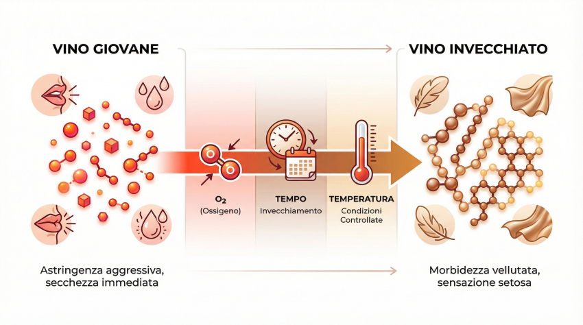 Timeline orizzontale che mostra come evolvono i tannini nel vino