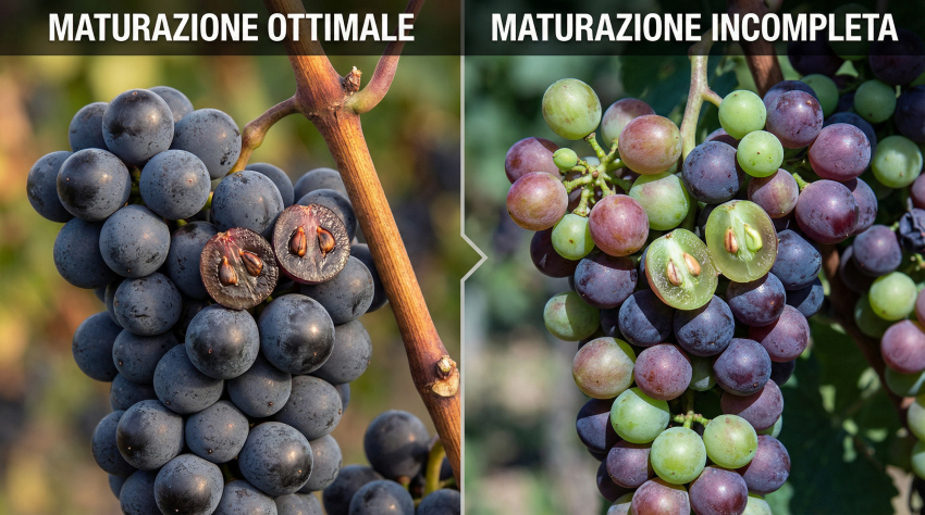 I tannini nel vino: sono mostrati un grappolo a maturazione ottimale (sinistra) e uno a maturazione incompleta (destra), evidenziando le differenze visive nei vinaccioli e negli acini.