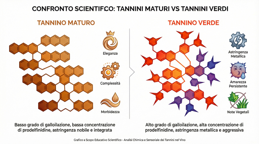 I tannini nel vino: confronto tra la struttura molecolare di un tannino maturo e un tannino verde