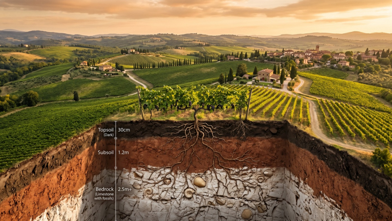 Geologia e Vino: sezione del suolo di un vigneto che mostra le radici della vite che penetrano attraverso gli strati di suolo argilloso fino alla roccia madre calcarea ricca di fossili.