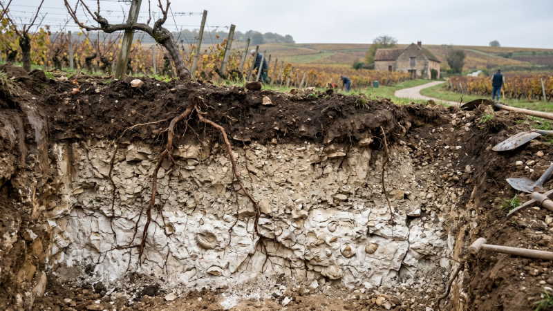 Geologia e vino: profilo geologico dettagliato di un suolo calcareo in un vigneto, con radici di vite che attraversano strati di terra chiara fino a raggiungere una base di roccia calcarea bianca ricca di fossili marini.
