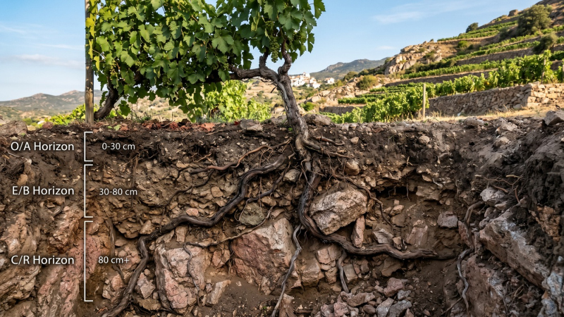 Vino e geologia: sezione trasversale di un suolo granitico decomposto in un vigneto, che mostra una consistenza sabbiosa grossolana e frammenti di roccia granitica rosa e grigia tra le radici della vite