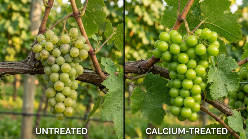 Geologia e vino: confronto fra grappoli d'uva: a sinistra acini non trattati dall'aspetto leggermente opaco, a destra acini trattati con calcio che appaiono più sodi, lucidi e consistenti