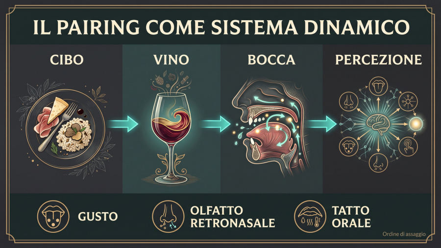 Basi scientifiche dell’abbinamento cibo-vino: schema dell’interazione fra cibo, vino, bocca e percezione.