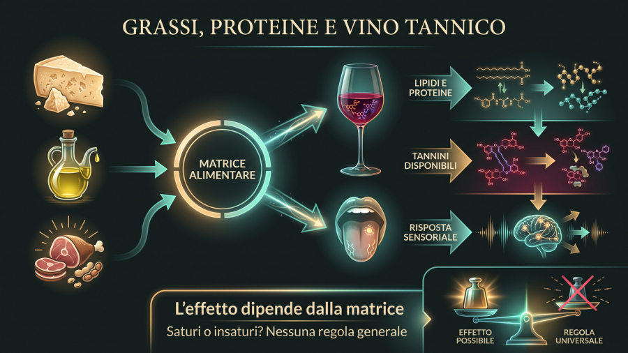 Basi scientifiche dell’abbinamento cibo-vino: schema su lipidi, proteine e modulazione dell’astringenza tannica.