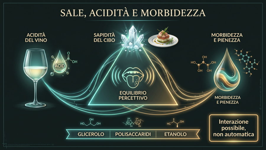 Basi scientifiche dell’abbinamento cibo-vino: triangolo sensoriale fra sapidità del cibo, acidità e morbidezza del vino.