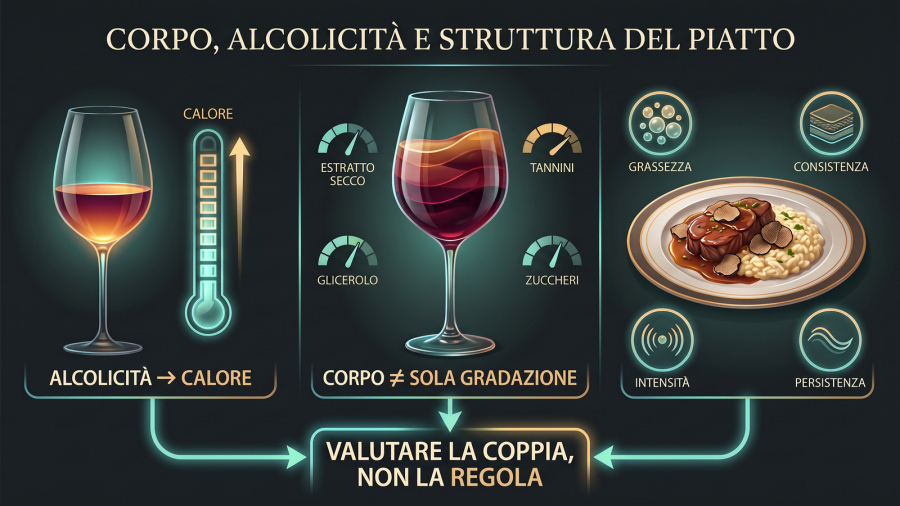 Basi scientifiche dell’abbinamento cibo-vino: schema comparativo fra alcolicità, corpo del vino e struttura del piatto.