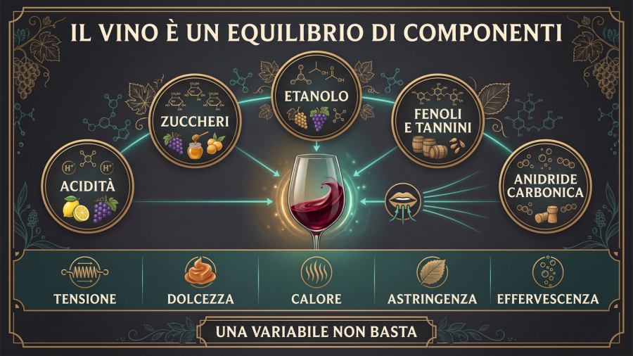 Basi scientifiche dell’abbinamento cibo-vino: schema delle componenti sensoriali del vino e delle loro interazioni.