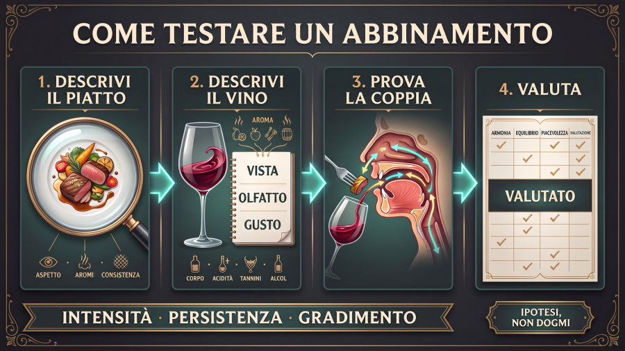 Procedura in quattro passaggi per testare un l’abbinamento cibo-vino.
