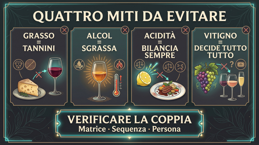 Basi scientifiche dell’abbinamento cibo-vino: quattro miti sul pairing e invito a valutare ogni coppia nel suo contesto.