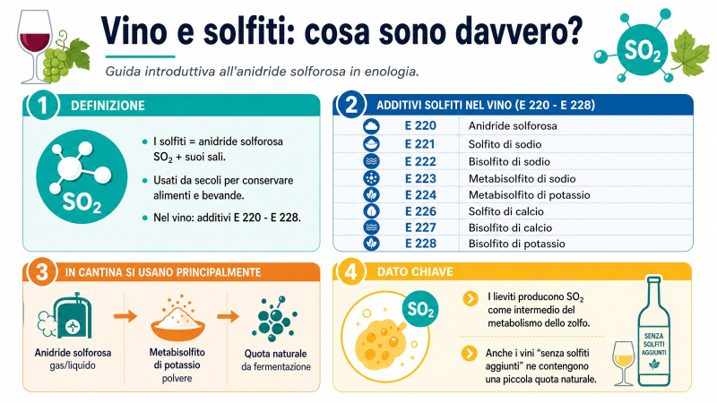 Vino e solfiti: infografica introduttiva che spiega cosa sono i solfiti, le sigle europee da E 220 a E 228 e la loro origine naturale e aggiunta in enologia