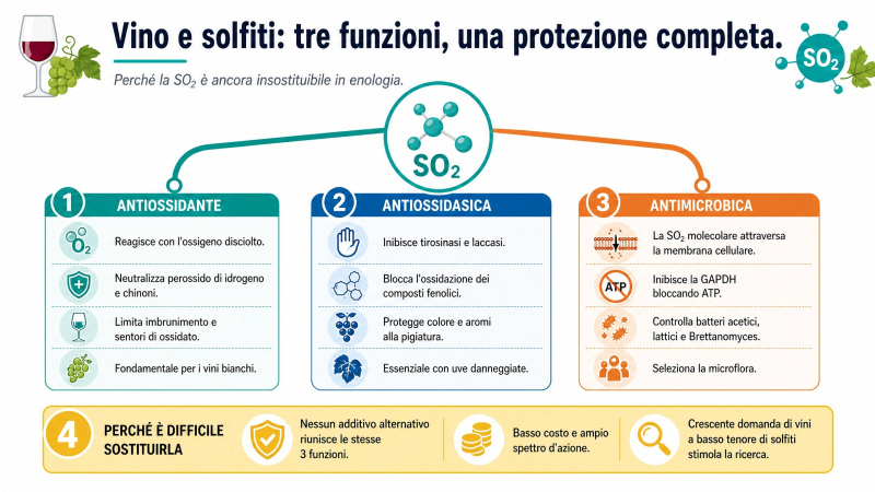 Le tre funzioni principali di vino e solfiti: azione antiossidante, antiossidasica e antimicrobica dell'anidride solforosa in enologia.