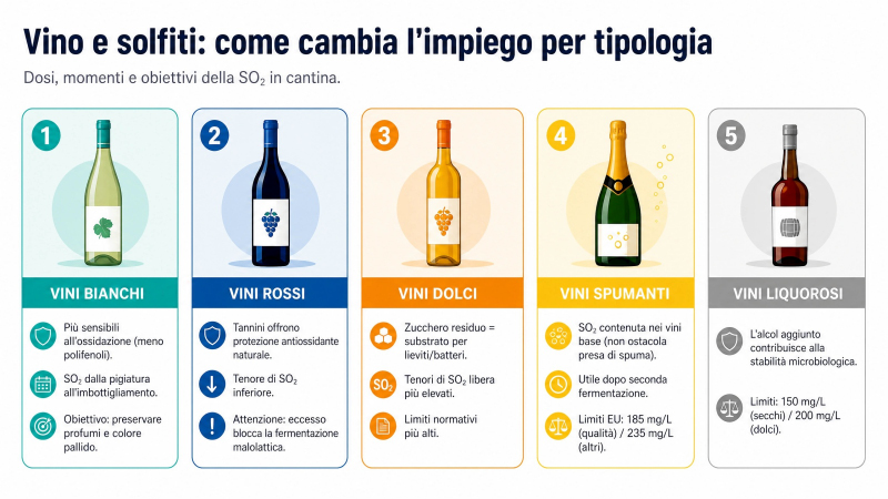 Impiego di vino e solfiti nelle diverse tipologie: confronto tra vini bianchi, rossi, dolci, spumanti e liquorosi