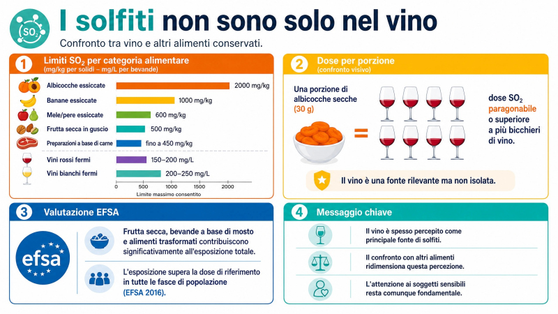 Confronto tra vino e solfiti e altri alimenti: livelli di anidride solforosa in frutta secca, carni e conserve rispetto al vino