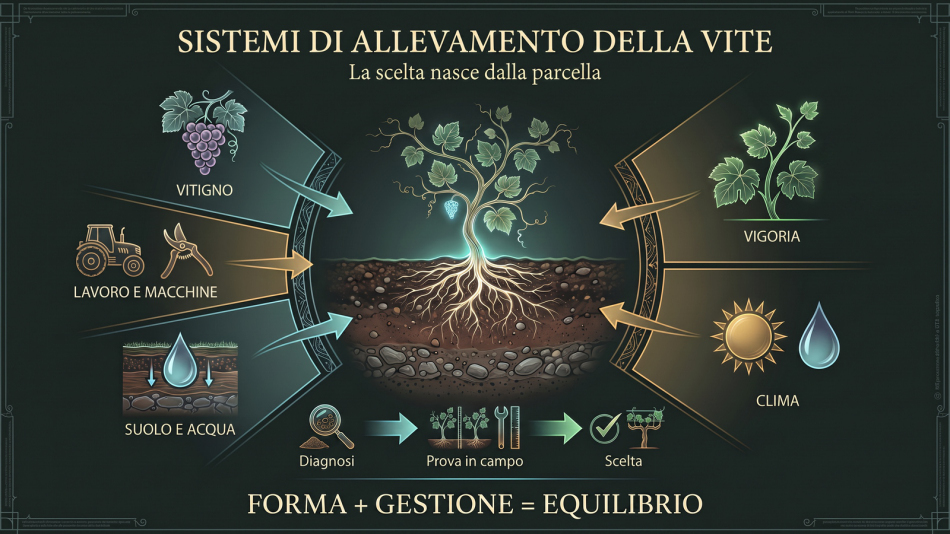 Infografica sui sistemi di allevamento della vite: una vite con radici nel suolo collega vitigno, vigoria, suolo e acqua, clima, lavoro e macchine al percorso diagnosi, prova in campo e scelta.