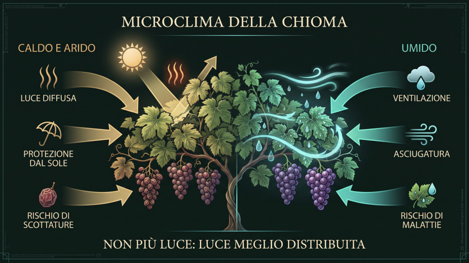 Infografica sui sistemi di allevamento della vite che mostra il microclima della chioma in condizioni calde e aride oppure umide, con luce diffusa, protezione dal sole, ventilazione e asciugatura.