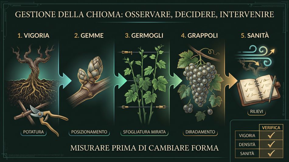 Infografica sui sistemi di allevamento della vite dedicata alla gestione della chioma: monitoraggio di vigoria, gemme, germogli, grappoli e sanità prima di potatura e interventi verdi.