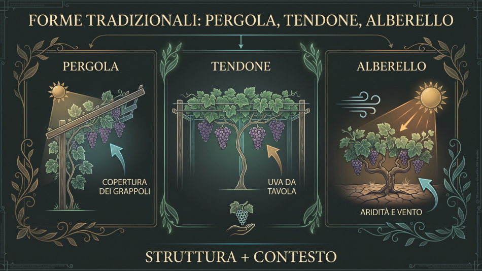 Infografica sui sistemi di allevamento della vite che confronta pergola, tendone e alberello, evidenziando copertura dei grappoli, uva da tavola, aridità e vento.