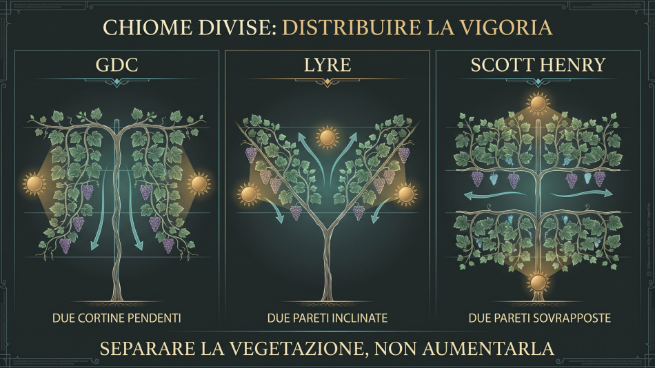 Infografica sui sistemi di allevamento della vite dedicata a GDC, lyre e scott henry, con schemi di due cortine pendenti, due pareti inclinate e due pareti sovrapposte.
