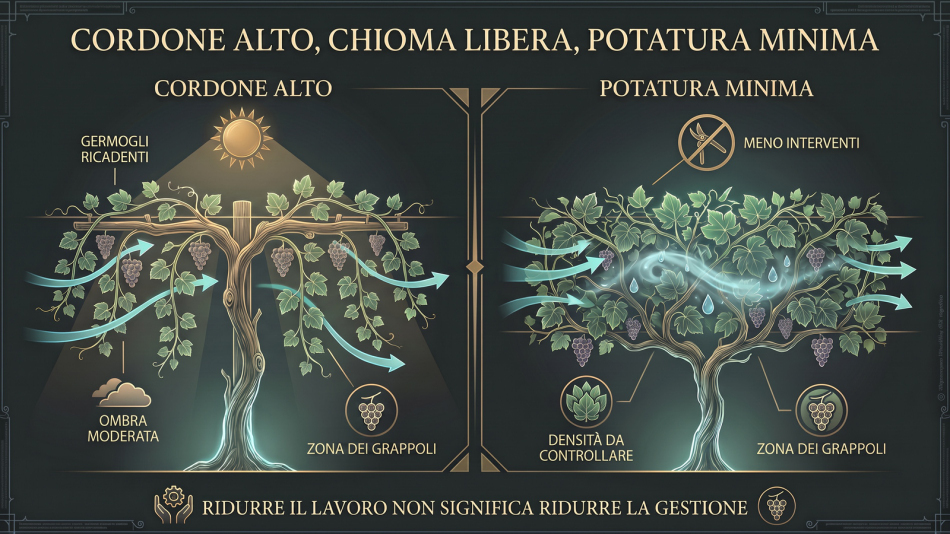 Infografica sui sistemi di allevamento della vite che confronta cordone alto a chioma libera e potatura minima, mostrando germogli ricadenti, ombra moderata, zona dei grappoli e densità della chioma.