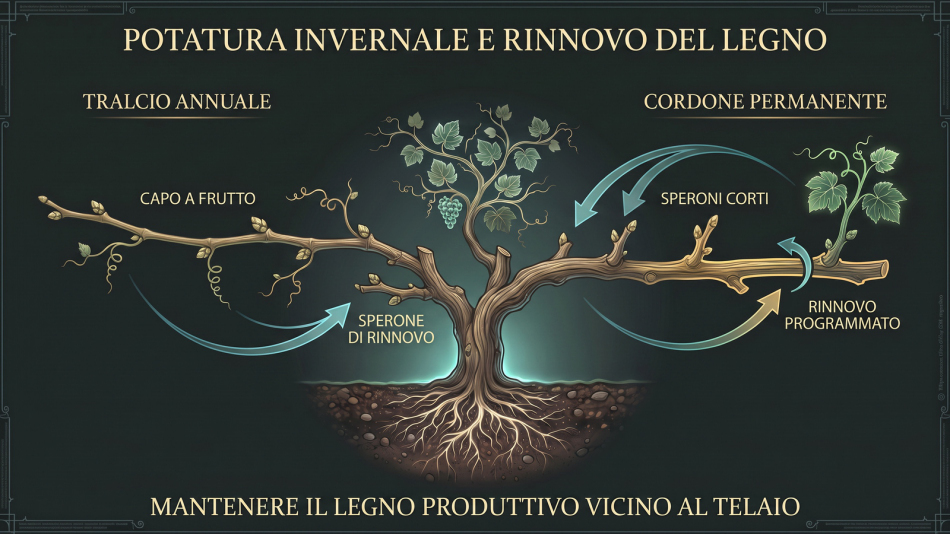 Infografica sui sistemi di allevamento della vite dedicata alla potatura invernale, con confronto fra tralcio annuale e cordone permanente, capo a frutto, sperone di rinnovo, speroni corti e rinnovo programmato