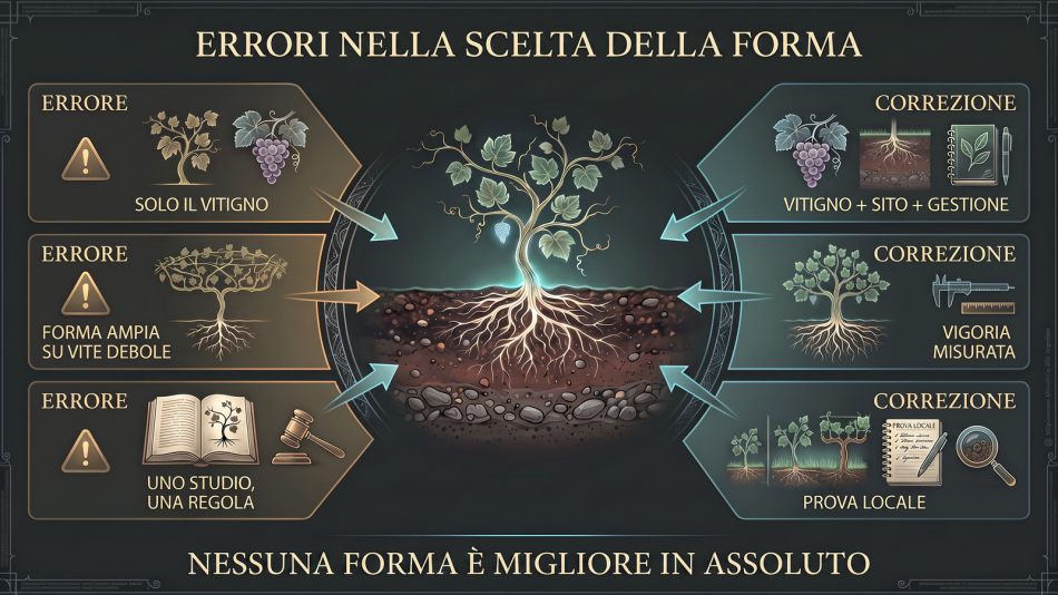 Infografica sui sistemi di allevamento della vite che contrappone errori comuni e correzioni: considerare solo il vitigno, usare una forma ampia su vite debole e trasferire uno studio senza una prova locale.