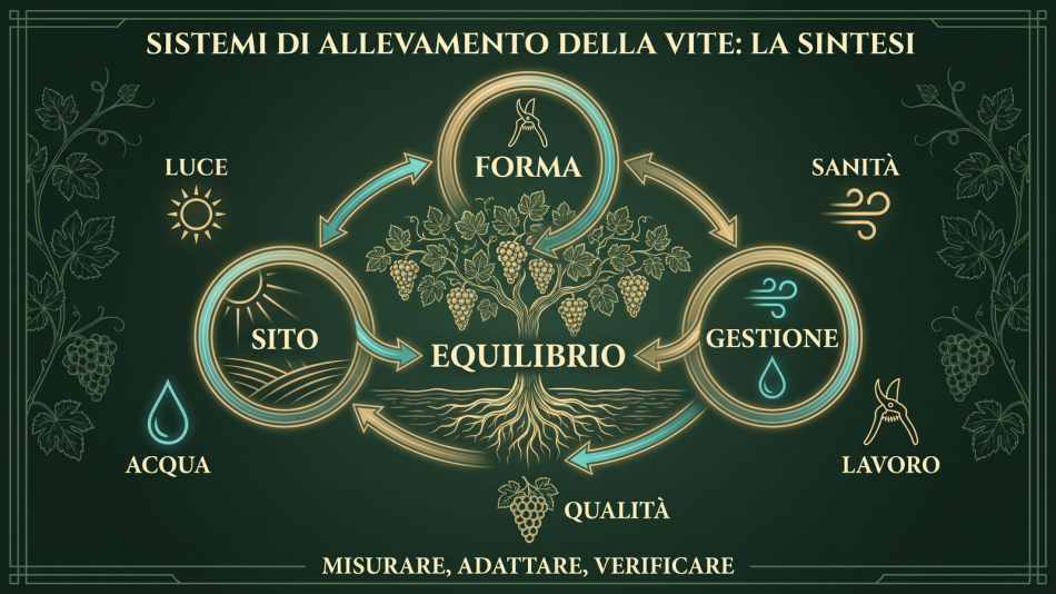 Infografica di sintesi sui sistemi di allevamento della vite: forma, sito e gestione convergono nell’equilibrio della vite, con luce, acqua, sanità, lavoro e qualità come criteri connessi